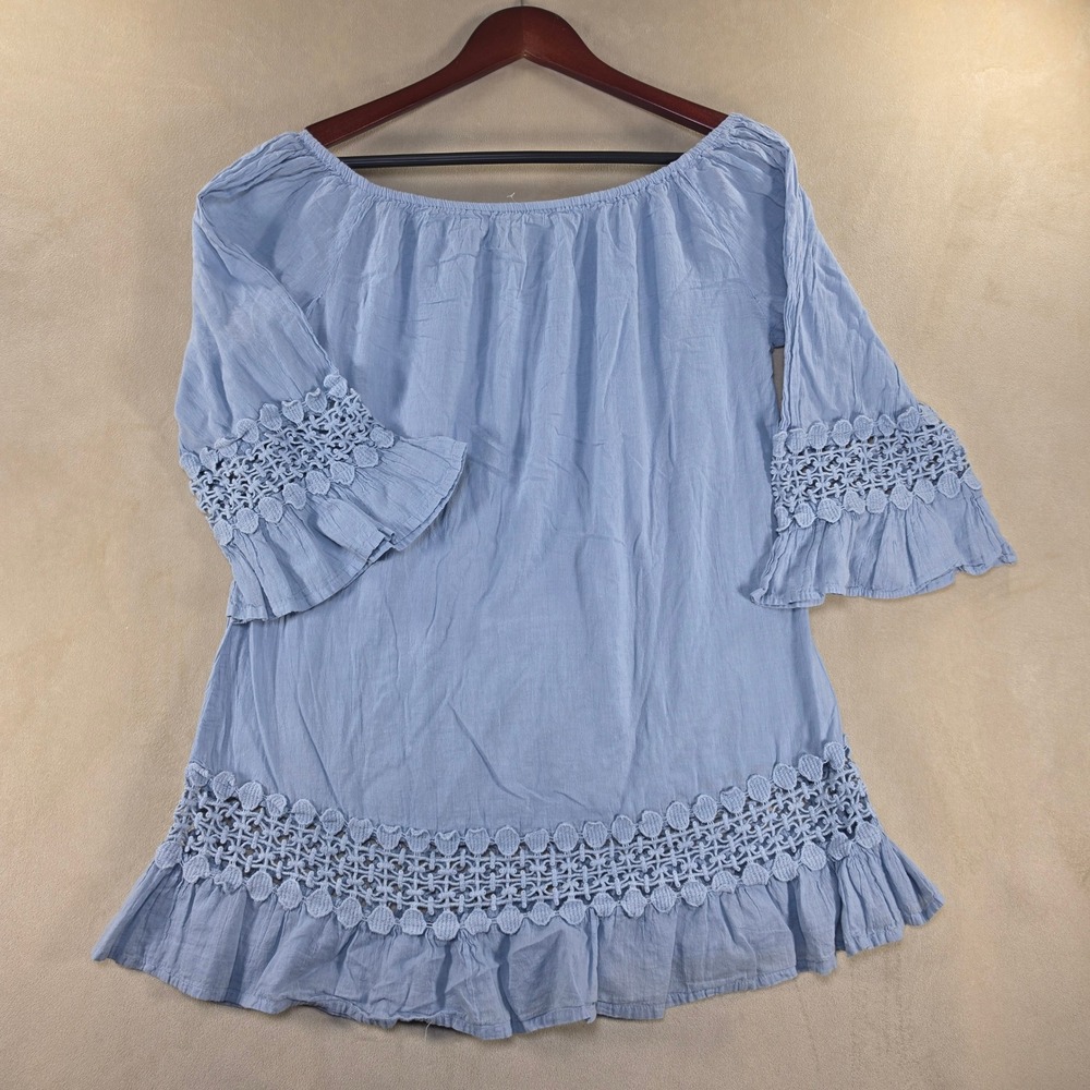 Cute Options Blue Cotton Off Shoulder Crochet Lace Bell Sleeve Boho Top Large